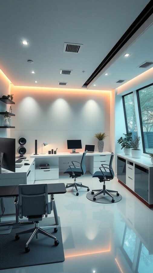 A modern tech hub featuring a sleek office design with two chairs, a desk with monitors, and stylish decor.
