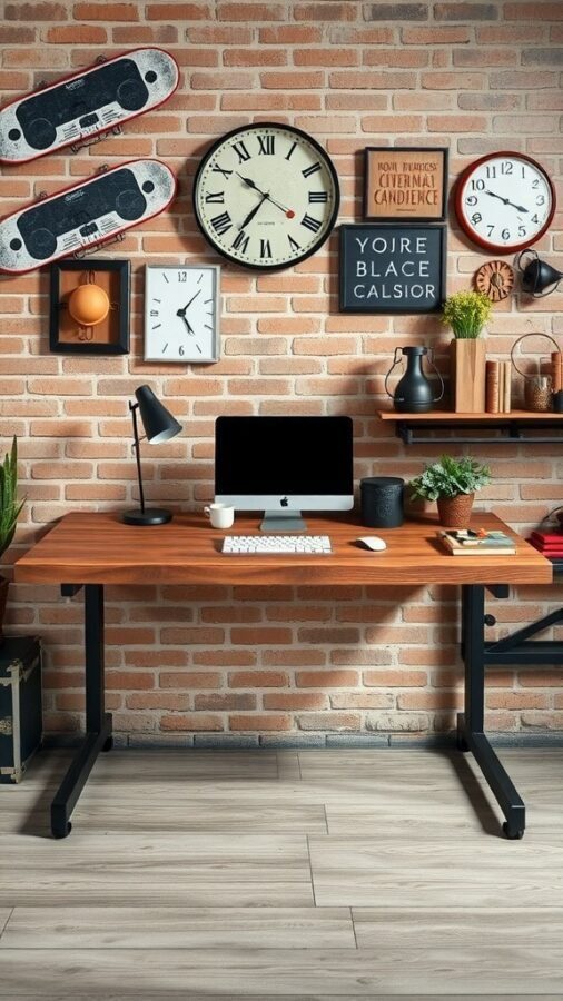 19 Inspiring Home Office Desk Ideas to Elevate Your Workspace 5 A stylish industrial chic desk setup featuring a wooden desk, black metal legs, a computer, and decorative wall items.