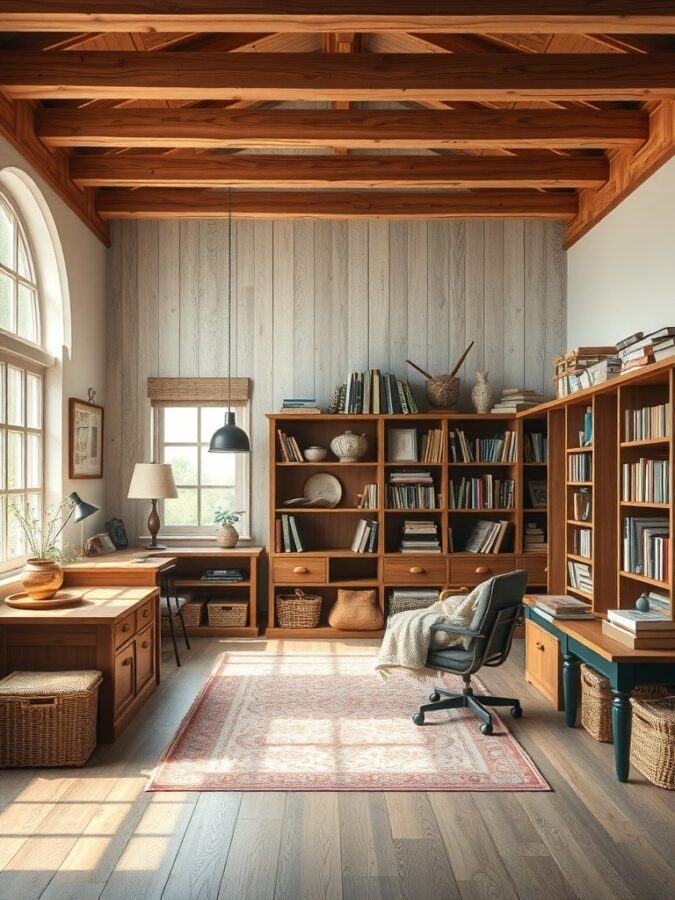 A rustic farmhouse study featuring wooden beams, bookshelves, a cozy chair, and a large window.