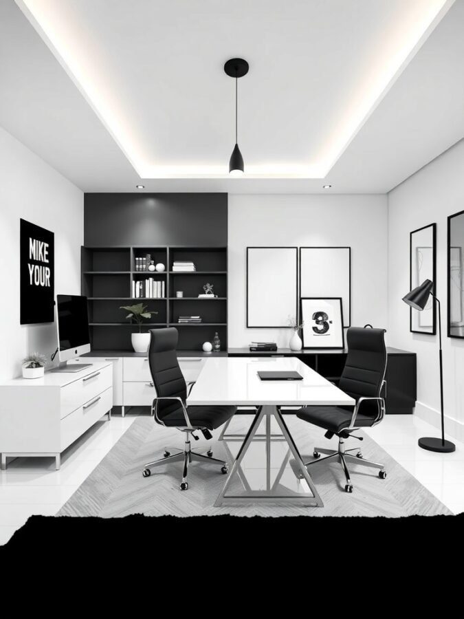 A sleek monochrome home office featuring a modern desk, black chairs, and minimalist decor.