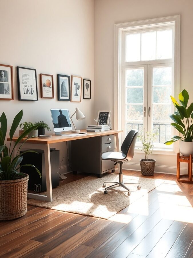 Bright home office with a desk by the window, plants, and artwork on the walls