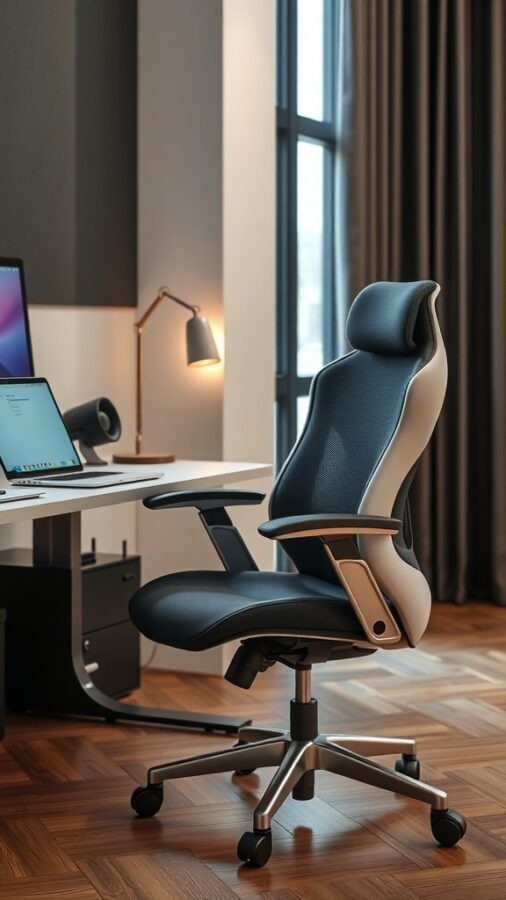A modern ergonomic office chair in a stylish home office setting