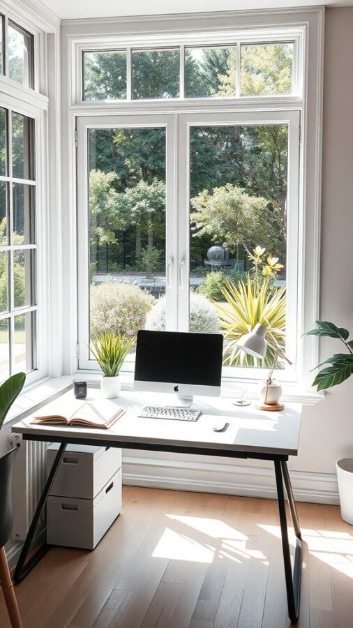 19 Inspiring Home Office Desk Ideas to Elevate Your Workspace 13 A bright and airy home office workspace with a modern desk, computer, and plants near large windows.