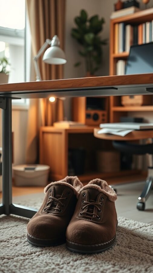 A cozy pair of brown shoes on a rug in a home office setting.