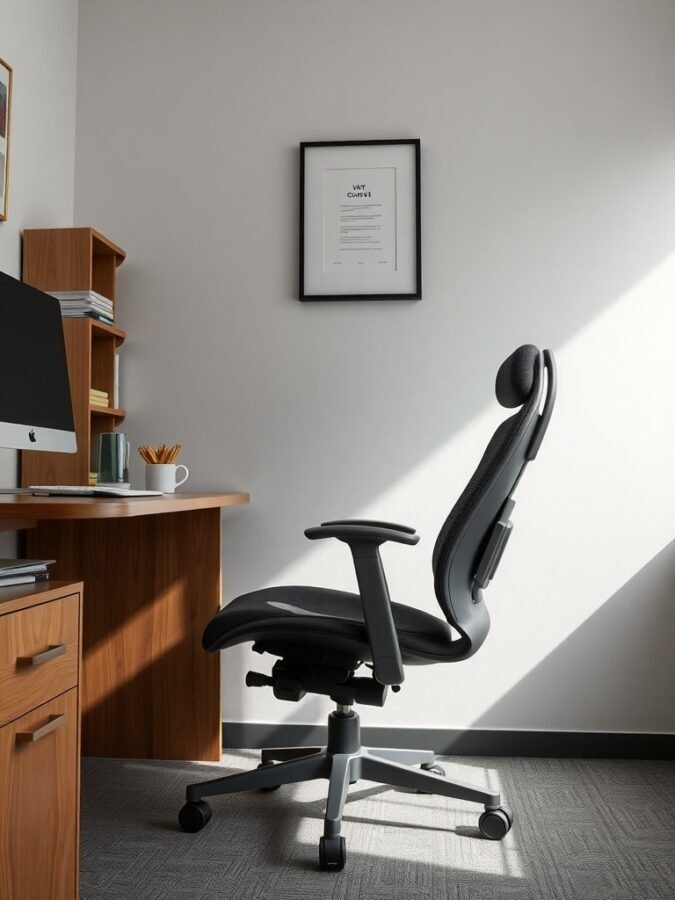 A comfortable ergonomic chair next to a wooden desk in a small home office setting.