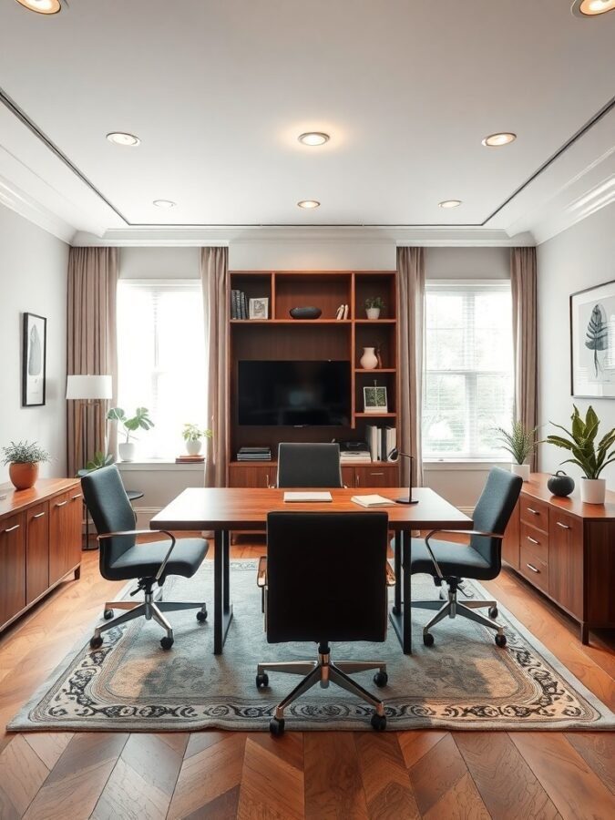 A stylish home office with wooden furniture, a large table, and comfortable chairs, featuring natural light and plants.