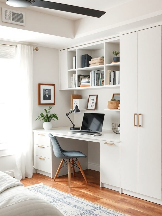 A modern home office featuring a desk, chair, shelves, and storage cabinets.