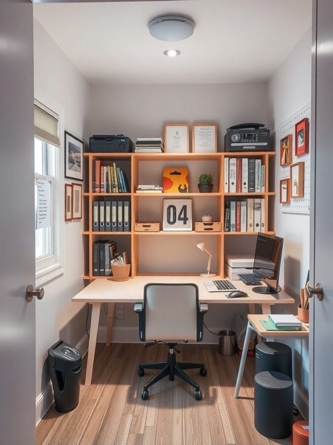 A small home office with a desk, computer, and organized shelving.