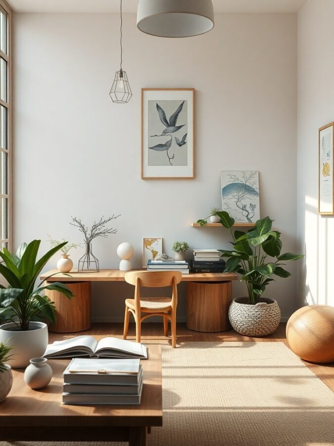 A serene study room featuring natural elements, wooden furniture, and plants.