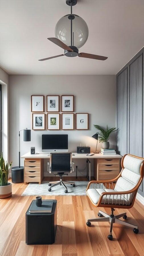 A cozy home office featuring a modern desk, comfortable chair, and plants, designed for productivity.