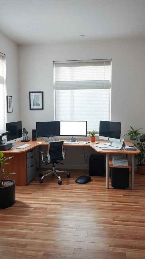 19 Inspiring Home Office Desk Ideas to Elevate Your Workspace 2 A modern L-shaped home office desk setup with two computer monitors, plants, and a wooden floor.
