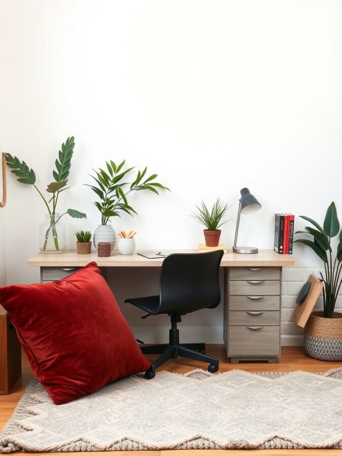 A cozy home office featuring a desk, chair, red pillow, plants, and a textured rug.