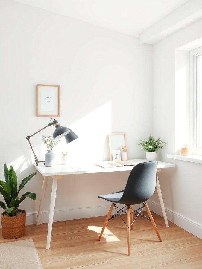 A minimalist Scandinavian study space featuring a white desk, black chair, and natural light.