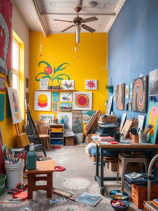 A colorful artist studio featuring yellow walls, various artworks, and scattered art supplies.