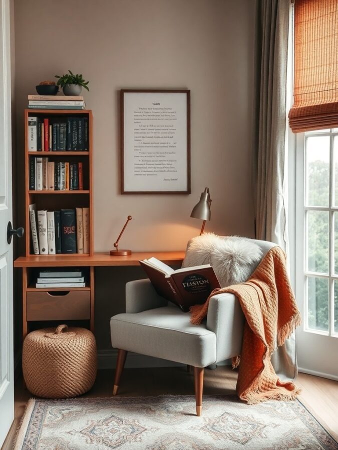 A cozy reading nook featuring a soft chair, a side table with a lamp, a bookshelf filled with books, and a warm blanket.