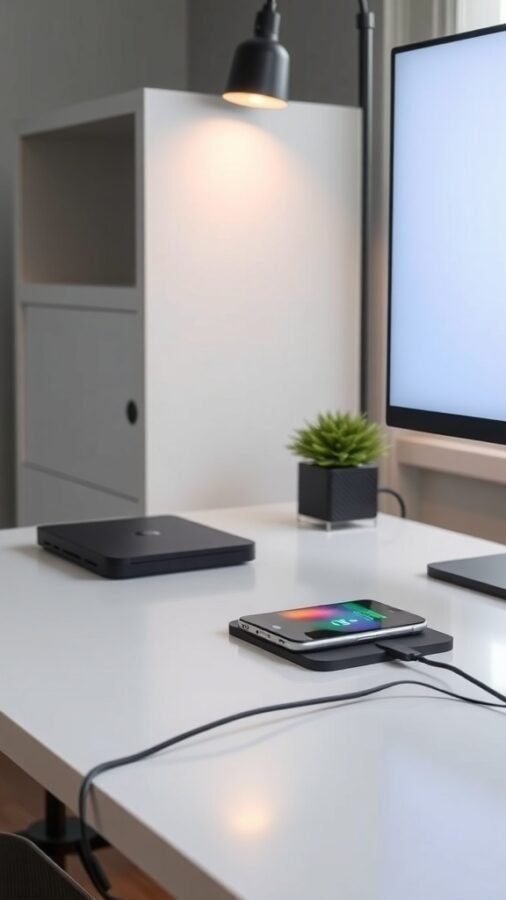 19 Inspiring Home Office Desk Ideas to Elevate Your Workspace 11 A modern tech-savvy desk featuring a laptop, smartphone on a wireless charger, a lamp, and a small plant.
