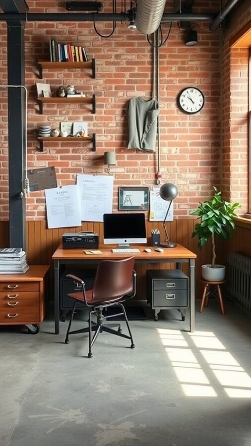 An industrial chic workspace featuring a wooden desk, a computer, a comfortable chair, and exposed brick walls.