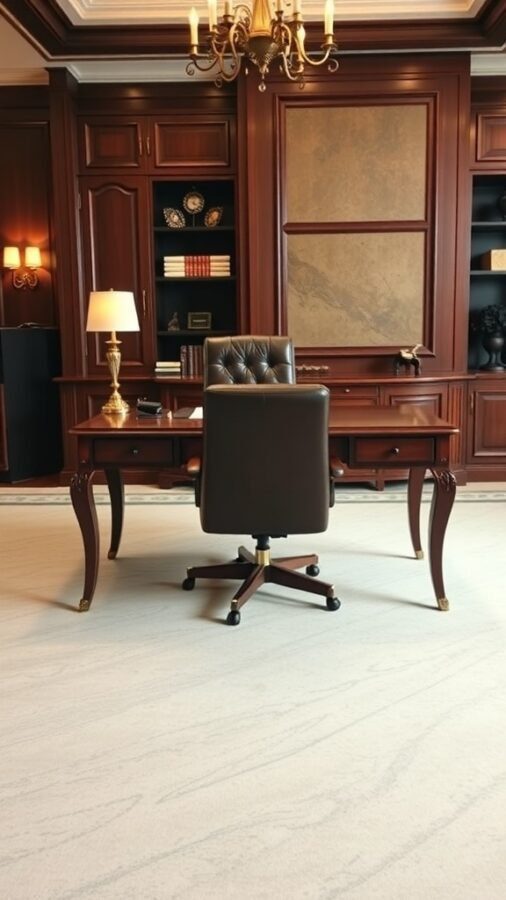 19 Inspiring Home Office Desk Ideas to Elevate Your Workspace 14 An elegant executive desk with a leather chair, warm wood finish, and stylish lamp in a sophisticated office setting.