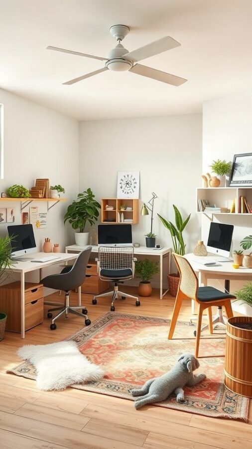 A bright and functional family office with two desks, plants, and a cozy rug.