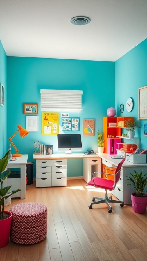 A bright and colorful home office with turquoise walls, white furniture, and vibrant decor.