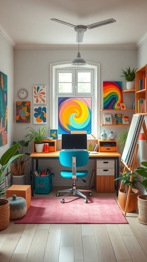 A colorful artistic studio featuring a desk with a computer, vibrant wall art, plants, and a cozy rug.