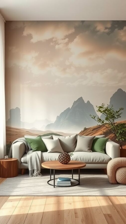 A cozy living room featuring a mural of mountains and a cloudy sky, with a light sofa and wooden furniture.