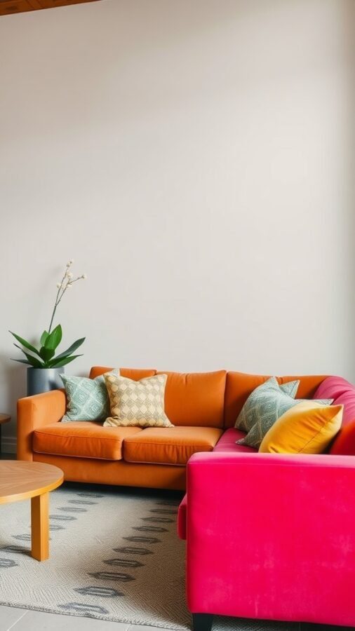 A cozy living room featuring bold color accents with an orange sofa and pink chair