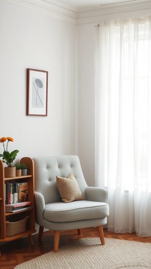 A compact reading nook featuring a light blue armchair, a bookshelf filled with books, and a small plant, all illuminated by natural light from a window.