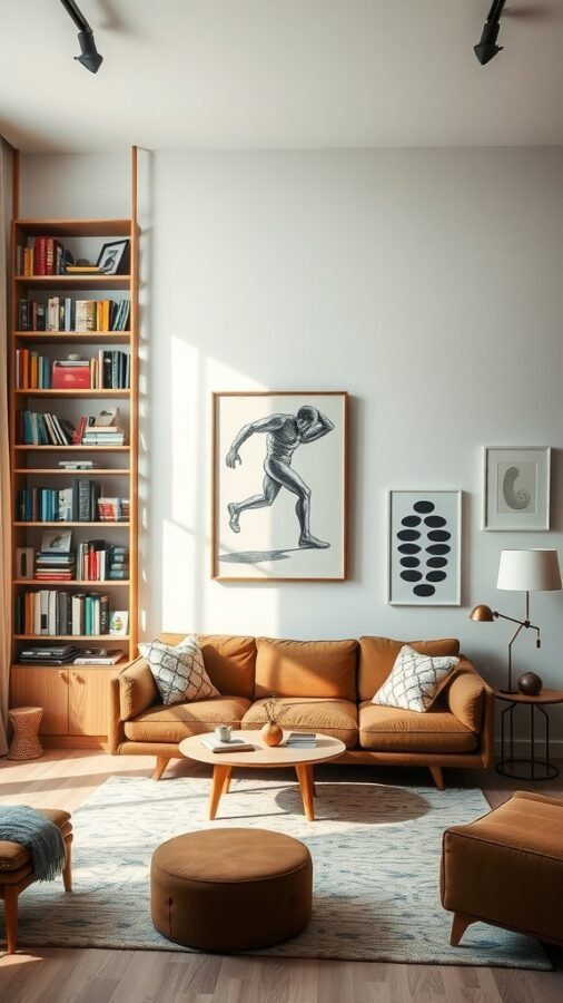 Cozy small apartment living room with tall bookshelf, artwork, and modern furniture