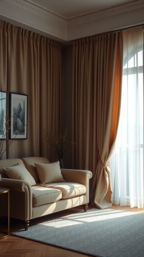 A cozy living room featuring soft, elegant curtains in warm tones, complementing a plush sofa and allowing natural light to filter in.