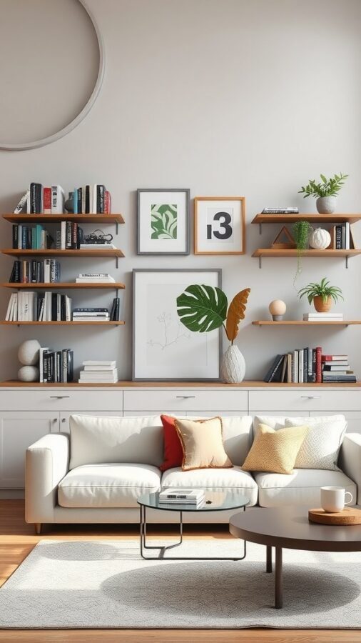 Cozy living room with floating shelves displaying books and plants