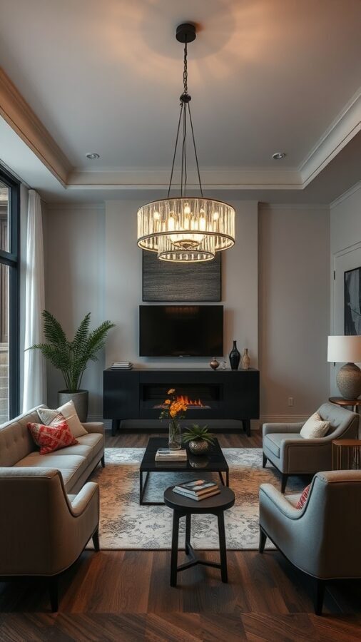 Elegant small apartment living room featuring a stylish chandelier and cozy furniture arrangements.
