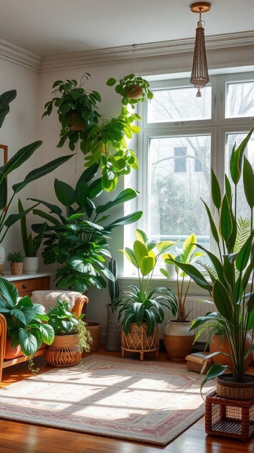 A cozy living room filled with various indoor plants, featuring a comfortable seating area and natural light from the window.