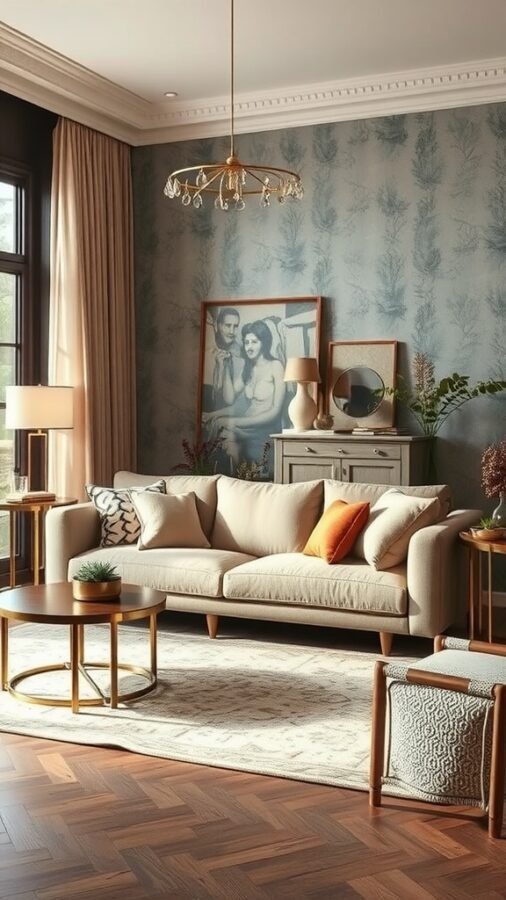 A cozy small apartment living room featuring a beige sofa with colorful cushions, a wooden coffee table, and textured decor elements.