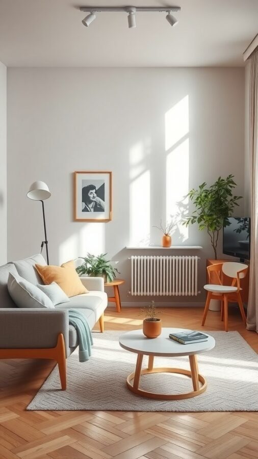 A cozy minimalistic Scandinavian living room with a gray sofa, wooden accents, and plants.