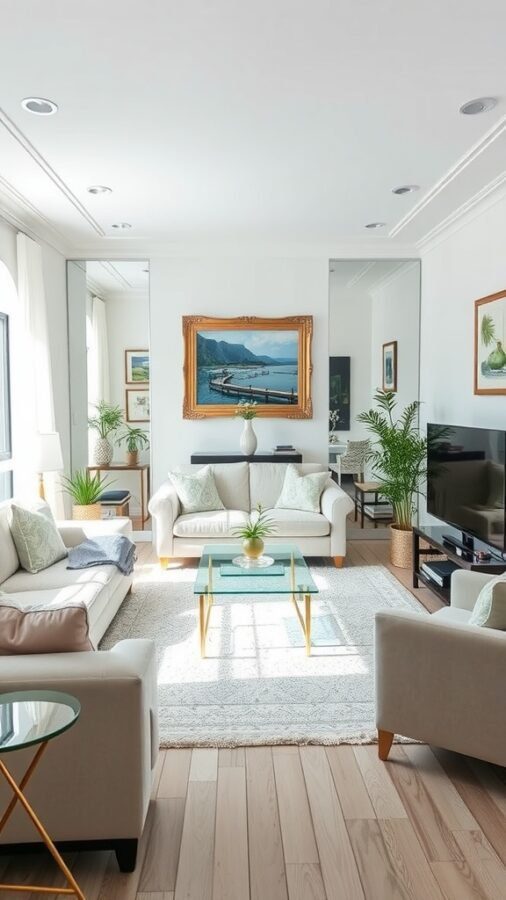 Elegant small living room with mirrored accents and light decor