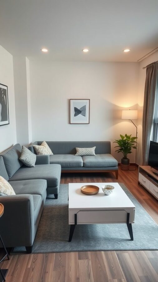 Stylish small apartment living room with gray sectional sofa, coffee table, and decorative elements.