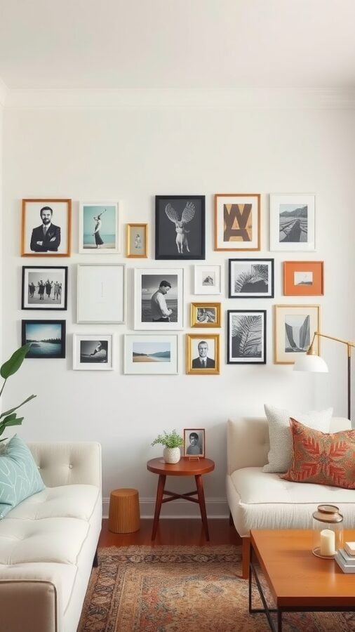 A stylish living room featuring a personalized gallery wall with various framed artworks and photographs.