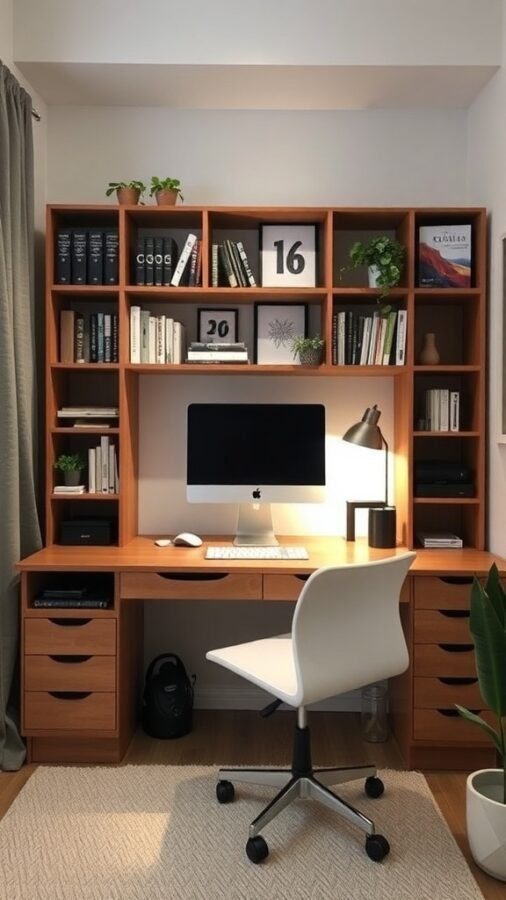 17 Inspiring Home Office Ideas for Men 16 A compact home office setup featuring a wooden desk with an iMac, storage drawers, and a shelving unit filled with books and plants.