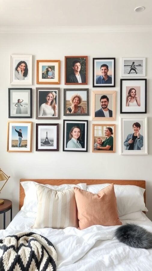 A gallery wall featuring various framed personal photos above a bed with decorative pillows.