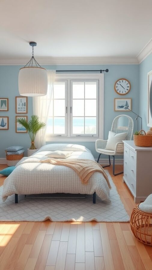 A coastal beach retreat bedroom featuring soft blue walls, a cozy bed, natural light, and nautical decor.