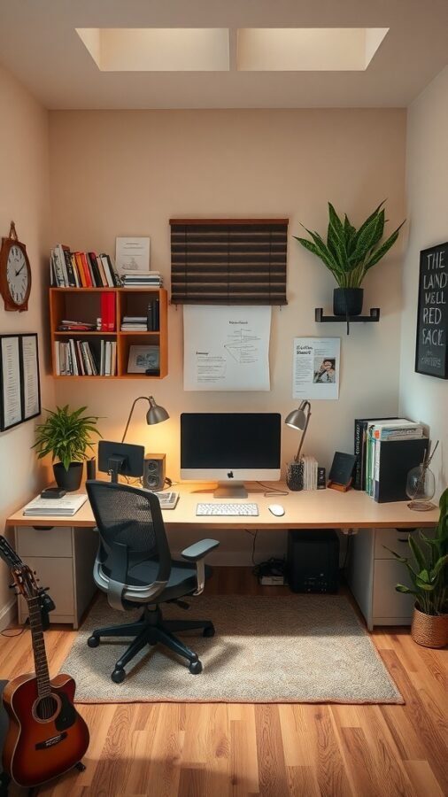 A cozy and organized home office with a desk, computer, bookshelves, plants, and a guitar.