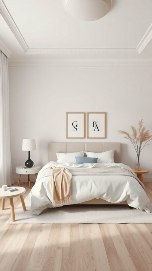 A minimalist bedroom featuring a bed with white bedding, a light wood floor, and simple decor.