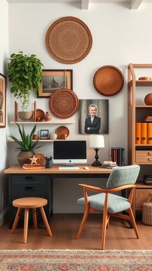 17 Inspiring Home Office Ideas for Men 13 A stylish home office featuring wooden furniture, woven baskets on the wall, and a plant on the desk.