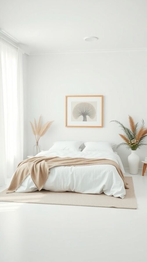14 Stunning White Bedroom Ideas for a Dreamy Retreat 14 A serene white bedroom with a cozy bed, beige throw, and plants for a calming atmosphere.