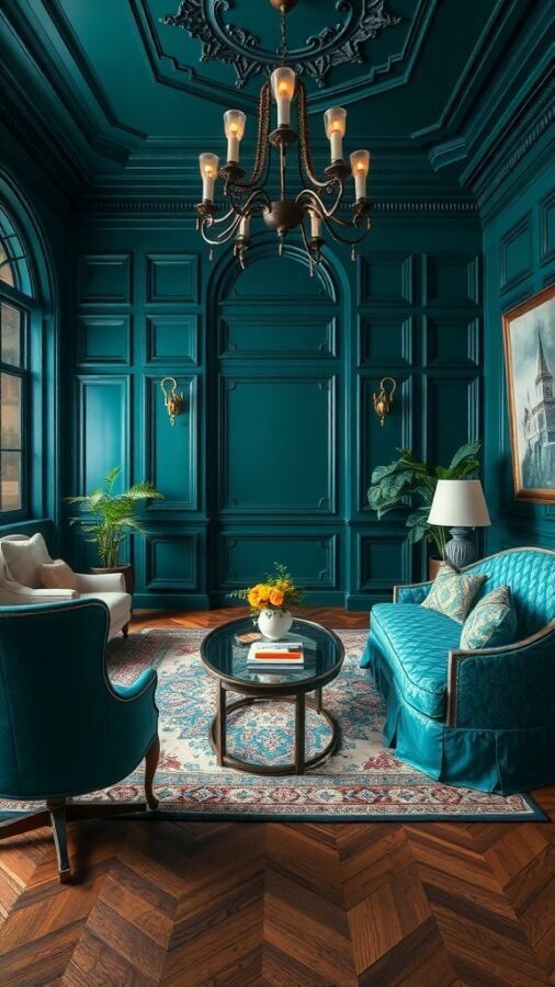 A luxurious home office featuring deep teal walls, elegant furniture, and warm lighting.