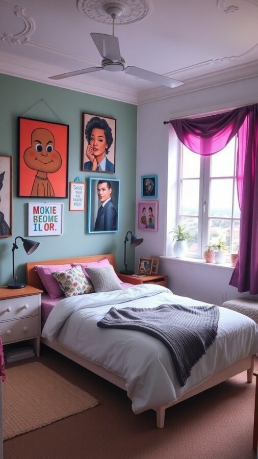 A cozy bedroom featuring colorful artwork on the walls, a neatly made bed with soft linens, and natural light streaming through the window.