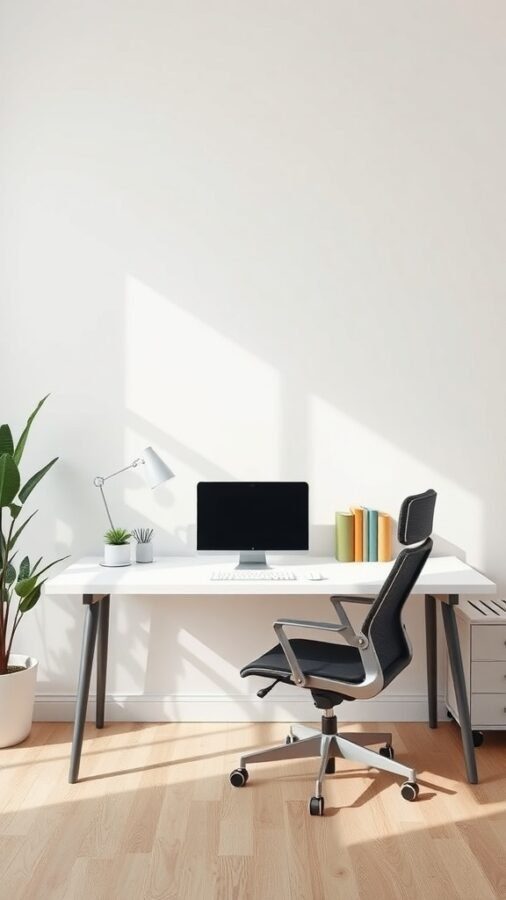 17 Inspiring Home Office Ideas for Men 3 A minimalist home office setup featuring a sleek desk, ergonomic chair, computer, and plants.