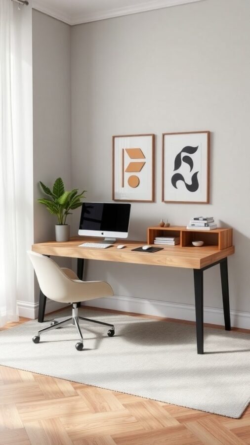 A modern home office setup featuring a wooden desk, computer, and decorative elements.