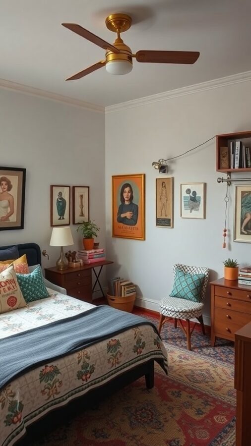 A cozy bedroom featuring a mix of floral patterns, framed artwork, and eclectic furniture.
